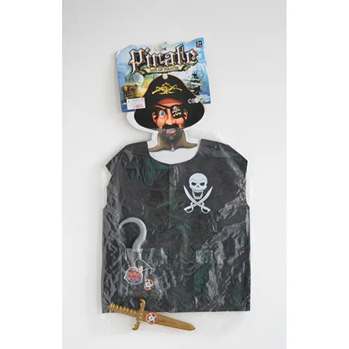 Pirate plastic vest with a sword, a blindfold and a hook hand.