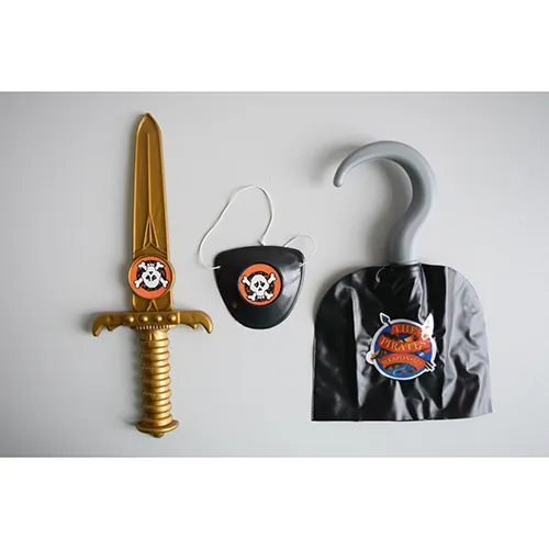 Pirate plastic vest with a sword, a blindfold and a hook hand.