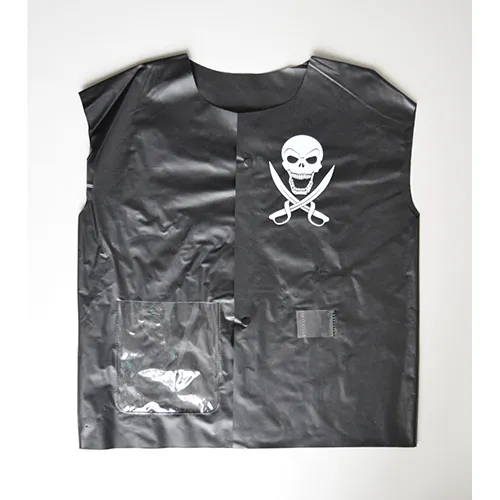 Pirate plastic vest with a sword, a blindfold and a hook hand.