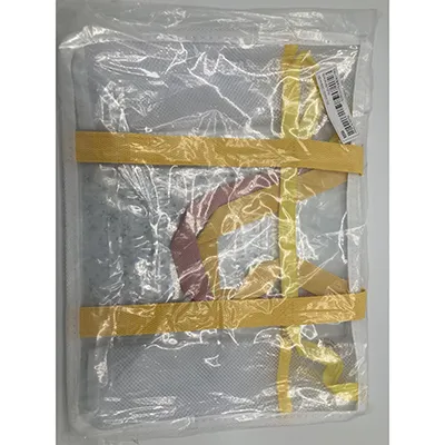 Beach bag made of transparent PVC plastic and yellow textile. Product sold online.