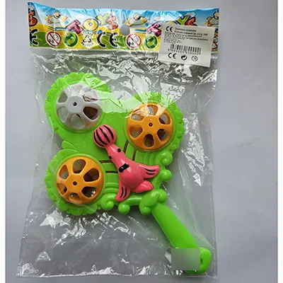 Hard plastic toy baby rattle which includes balls with rattling elements, and pink seal figurines attached to the toy.