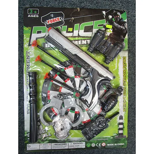 Toy police gun set consisting of a pistol along with 3 projectiles (bearing suction cups), handcuffs, a toy police bat, a toy grenade, binoculars, a walkie-talkie and a police badge.