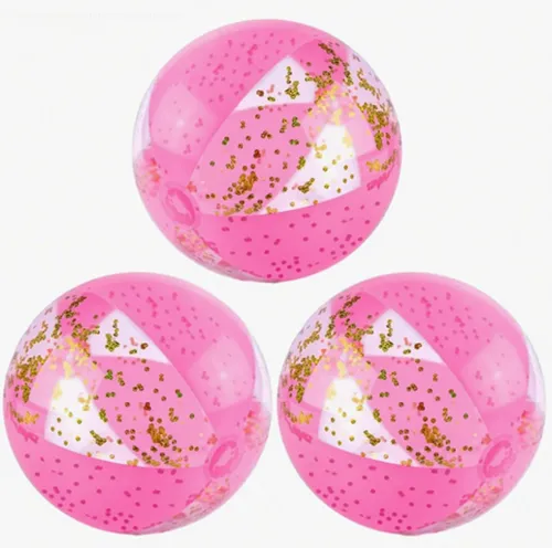 A set of three beach balls made of pink and transparent PVC plastic with glitter inside. Product sold online.