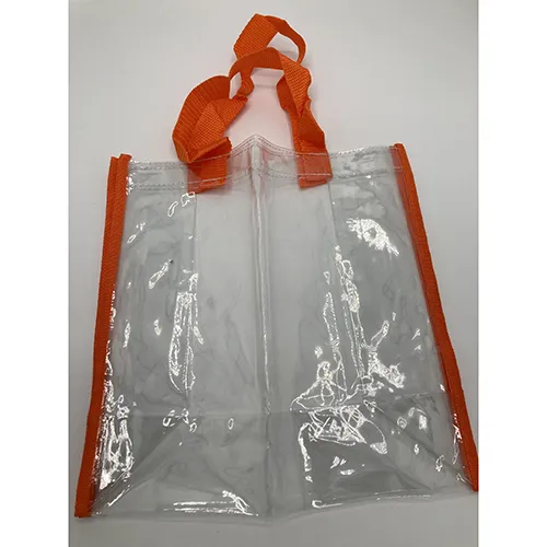 Beach bag made of transparent PVC plastic and orange textile. Product sold online, in particular via Wish (unique identifier: 624aa03d47e641c1b3a087f2).