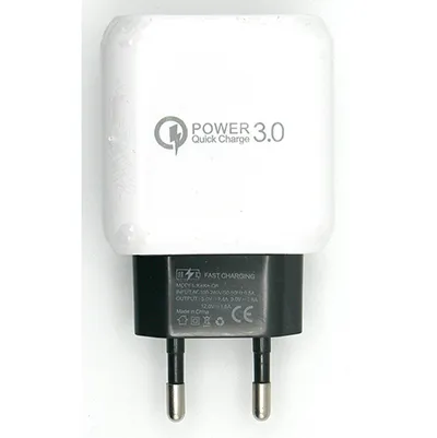 Black and white USB charger with integrated mains plug and one USB A socket.