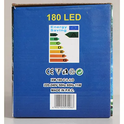 Lighting chain with 180 white, non-replaceable LEDs, a flashing unit and transparent electric wire.