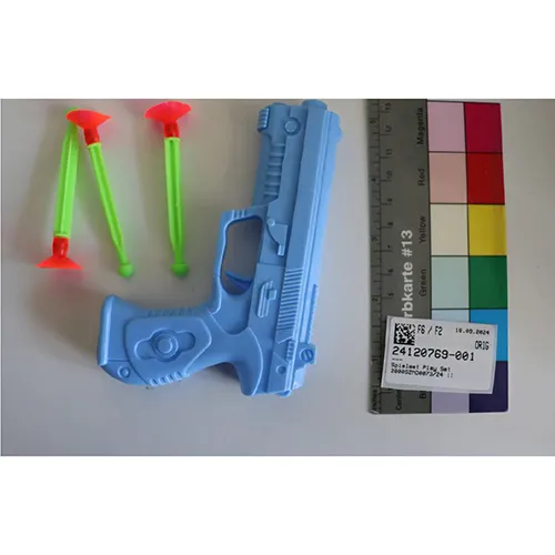 Toy set consisting of one pistol (blue), 3 suction-cup darts (orange, green)