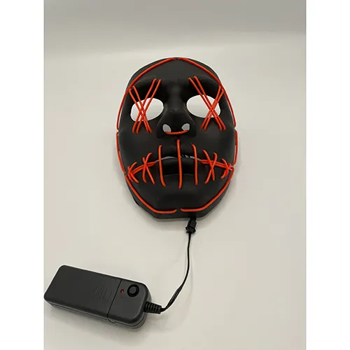 Halloween mask with a red LED light string and a remote control.