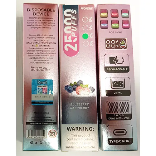 Disposable electronic cigarette with flavoured liquid. 25ml. Manufacturing date 10/07/2024, expiry date 09/07/2026.