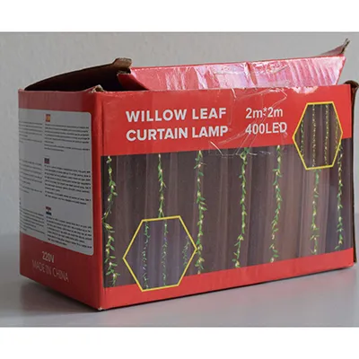 Willow leaf formed curtain lighting chain with blue, non-replaceable LEDs, a flashing/rectifier unit, transparent electric wire and a socket that allows expansions with additional members.