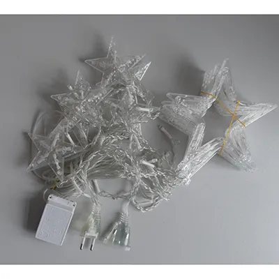 Lighting chain with 120 white, non-replaceable LEDs mounted in plastic figures (stars), a flashing unit, white, transparent electric wire and a socket that allows expansions with additional members.