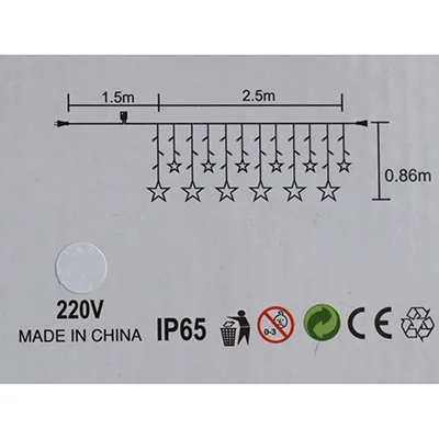 Lighting chain with 120 white, non-replaceable LEDs mounted in plastic figures (stars), a flashing unit, white, transparent electric wire and a socket that allows expansions with additional members.