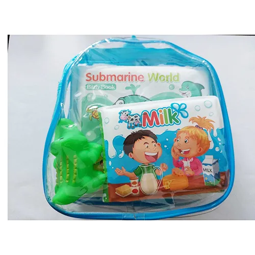 Bath toy set, including two soft plastic books and a plastic crocodile figurine.