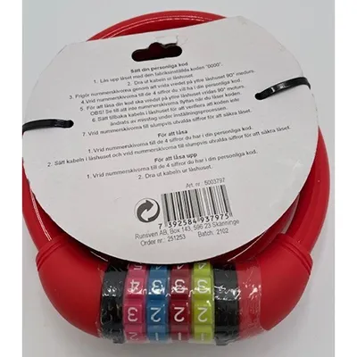 Metal four-digit combination cable lock for bicycles with a red plastic coating. Size of 12x1800 mm.