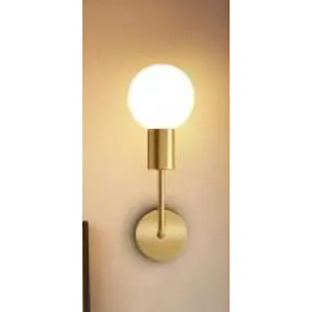 Copper coloured wall lamp with LED bulb. Product sold online.