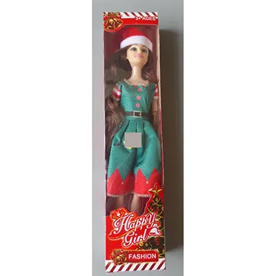 Barbie-like plastic doll in Christmas clothes.