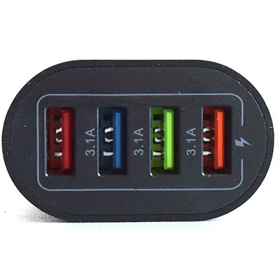 USB charger with black plastic cover, integrated mains plug and four USB-A sockets.
