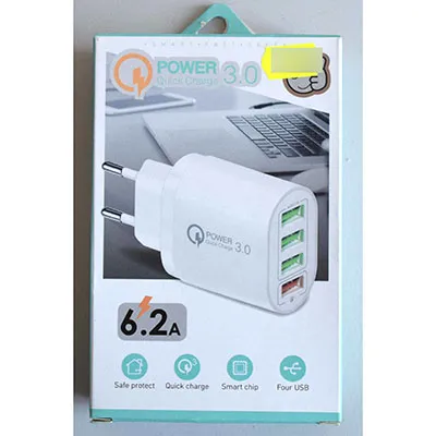 USB charger with black plastic cover, integrated mains plug and four USB-A sockets.