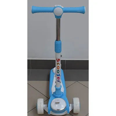 Blue and white three-wheeled toy scooter with height-adjustable handlebars.