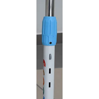 Blue and white three-wheeled toy scooter with height-adjustable handlebars.