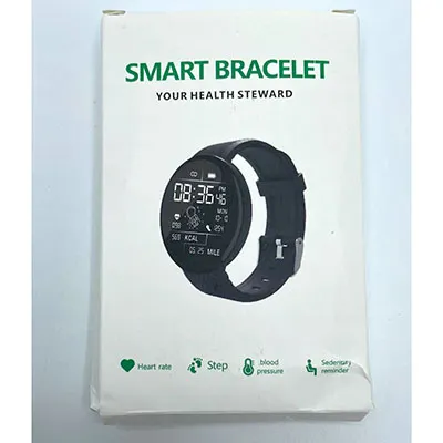 Black smartwatch with plastic wristband. Product sold online.