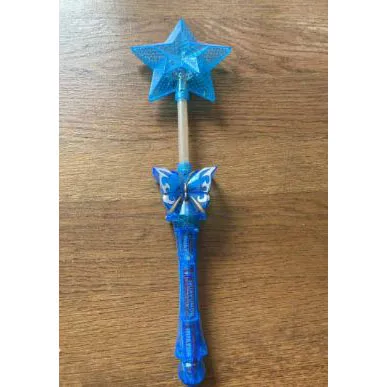 Light-up electric toy magic wand with a star. Made of blue and white plastic.
