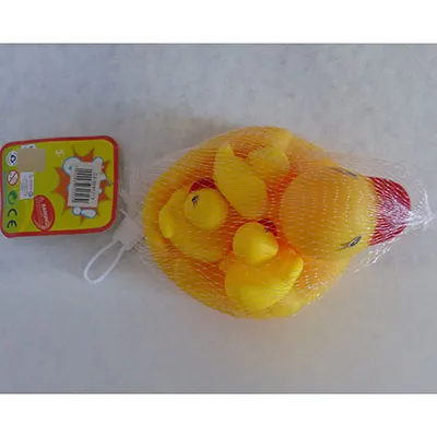 Set of one big and three small yellow ducks packed in a transparent plastic bag with cardboard label. On the bottom of a duck there is a sound producing element which is activated when the toy is squeezed.