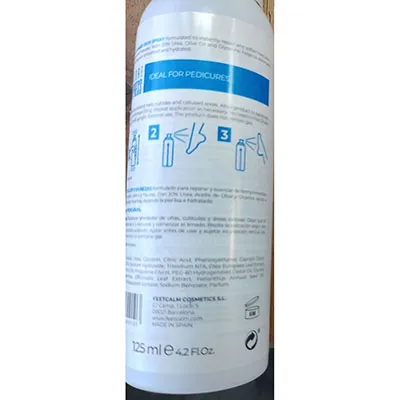 Spray for the treatmento of callus and hard skin in a white container,  125 ml and 75 ml. The product has a label with the ingredient: „ Trisodium NTA“.