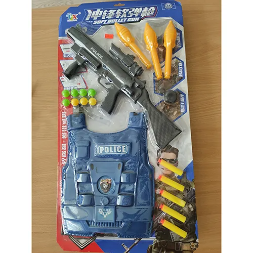 Toy police set with a black rigid plastic rifle with a spring-loaded shooter, five projectiles with a foam shaft and an orange suction cup at the end, six yellow and green plastic ball-shaped projectiles, three yellow rockets, and a blue plastic vest.