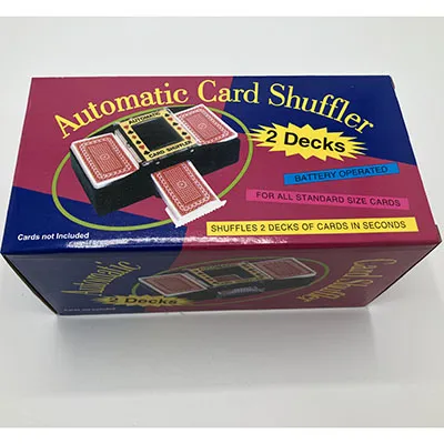 Battery operated shuffling machine for playing cards, fitted with two deck feeding slots.