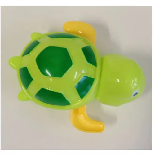 Wind-up bath toy in the form of a turtle made of hard plastic. Product sold online, in particular via Temu.