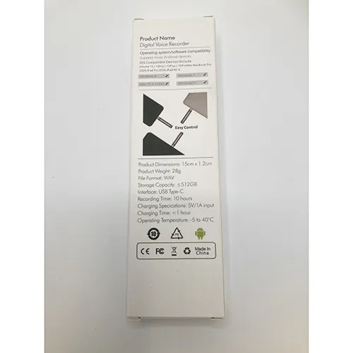 Voice recording pen with USB charging cable.