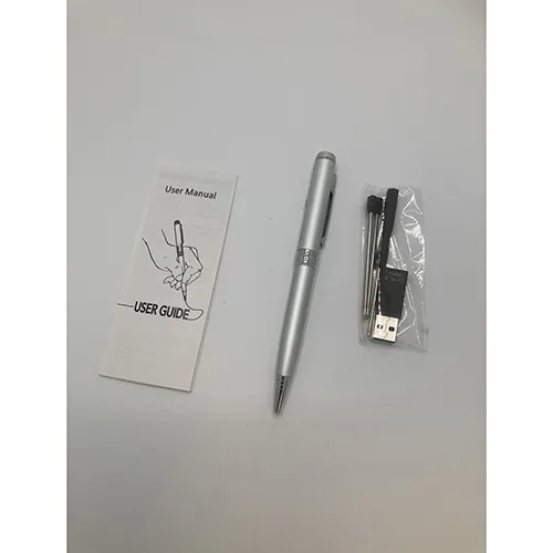 Voice recording pen with USB charging cable.