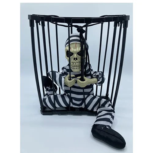 Battery operated Halloween decoration product with a skeleton in a cage. The product has sound, light and movement functions.