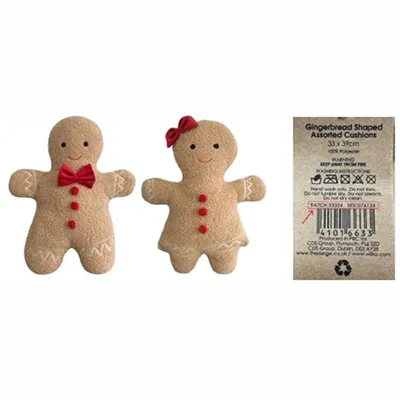 A gingerbread shaped novelty cushion. Product sold online, in particular via www.therange.co.uk.