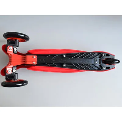 Three-wheeled black and red toy scooter.