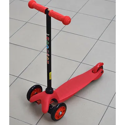 Three-wheeled black and red toy scooter.