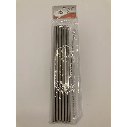 A set of six stainless steel drinking straws and a curled cleaning brush with nylon bristles.
