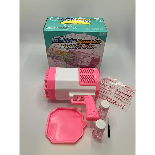 Jazzy pink and white toy gun with battery-powered light/fan electronics.