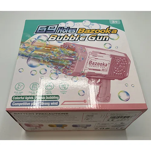 Jazzy pink and white toy gun with battery-powered light/fan electronics.