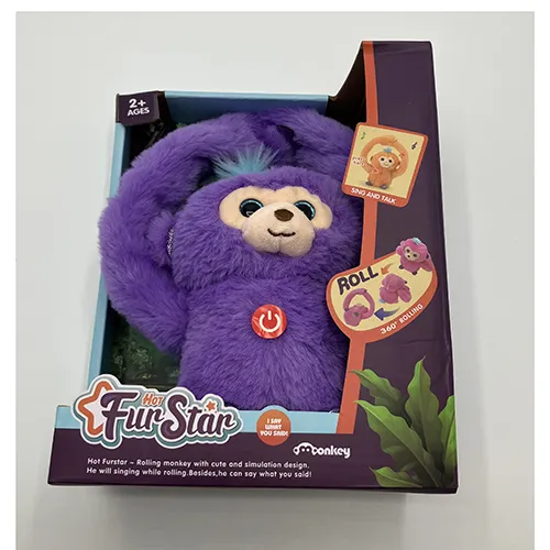 Battery-operated lavender, soft furry textile monkey doll, approximately 40 cm in height with motorised limbs and a speaker-microphone set.