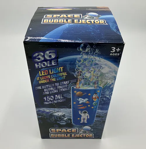 Cylindrical apparatus, about 40 cm high, with a blue hard plastic exterior lined with space themed stickers.