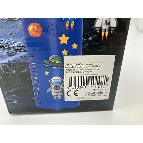 Cylindrical apparatus, about 40 cm high, with a blue hard plastic exterior lined with space themed stickers.