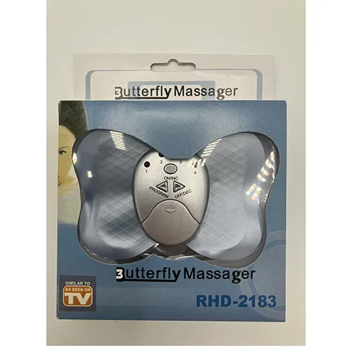 Grey butterfly-shaped wireless massager.
