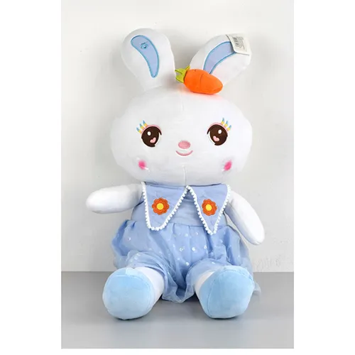 Large white plush bunny in a blue dress with a carrot glued to the head. Size of 80 cm.