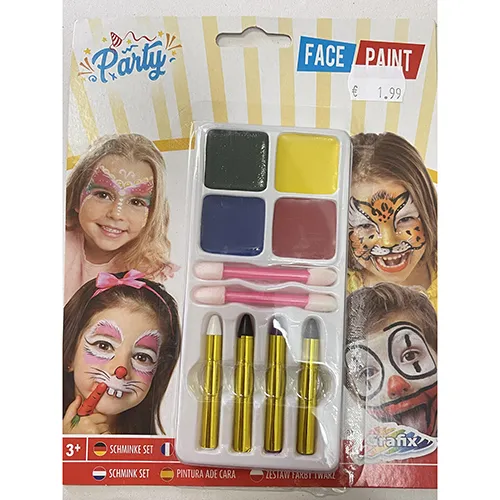 Set of face paint for children consisting of four tablets (green, yellow, blue, red), four make-up sticks (brown, black, white, purple) and two applicators.
