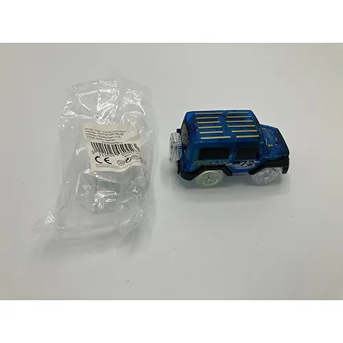 Black and blue battery-operated toy car, measuring approximately 3x2x2 cm.
