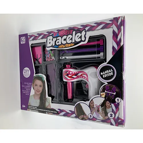 Toy hair styling tools including an electrical braiding machine (15x15 cm), a comb, hair pearls, rubber bands.