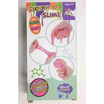 Do-it-yourself set for making slime with pieces of glitter.