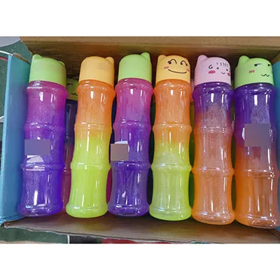 Multi-coloured slime in a transparent plastic container with a cat-shaped cap.